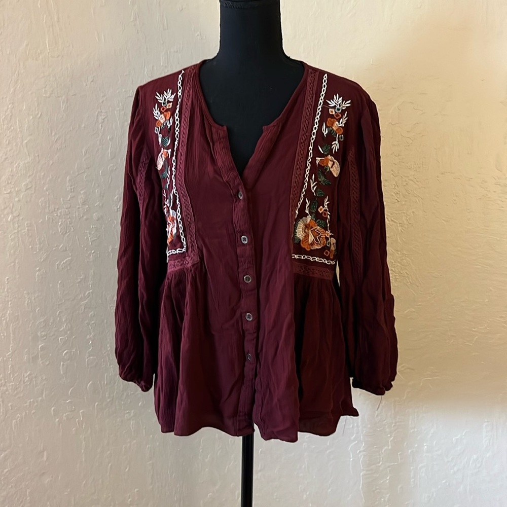 Embroidered Button-Front Peasant‎ Blouse - Burgundy